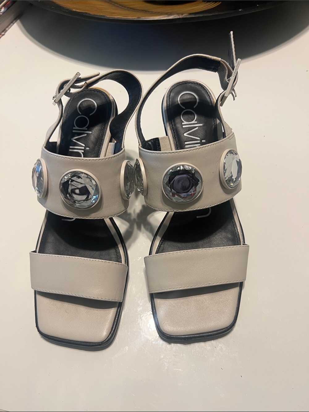 Calvin Klein Cream Leather Jewel-Accent Slingback Sandals
